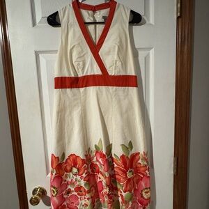 Ann Taylor Cream Midi Dress with Red Trim and Pink-Red Floral Hem